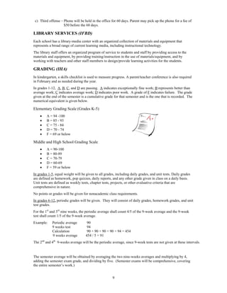 c) Third offense – Phone will be held in the office for 60 days. Parent may pick up the phone for a fee of
                    $50 before the 60 days.

LIBRARY SERVICES (IFBD)
Each school has a library-media center with an organized collection of materials and equipment that
represents a broad range of current learning media, including instructional technology.
The library staff offers an organized program of service to students and staff by providing access to the
materials and equipment, by providing training/instruction in the use of materials/equipment, and by
working with teachers and other staff members to design/provide learning activities for the students.

GRADING (IHA)
In kindergarten, a skills checklist is used to measure progress. A parent/teacher conference is also required
in February and as needed during the year.
In grades 1-12, A, B, C, and D are passing. A indicates exceptionally fine work; B represents better than
average work; C indicates average work; D indicates poor work. A grade of F indicates failure. The grade
given at the end of the semester is a cumulative grade for that semester and is the one that is recorded. The
numerical equivalent is given below.

Elementary Grading Scale (Grades K-5)
        A = 94 -100
        B = 85 - 93
        C = 75 - 84
        D = 70 - 74
        F = 69 or below

Middle and High School Grading Scale
        A = 90-100
        B = 80-89
        C = 70-79
        D = 60-69
        F = 59 or below
In grades 1-5, equal weight will be given to all grades, including daily grades, and unit tests. Daily grades
are defined as homework, pop quizzes, daily reports, and any other grade given in class on a daily basis.
Unit tests are defined as weekly tests, chapter tests, projects, or other evaluative criteria that are
comprehensive in nature.
No points or grades will be given for nonacademic class requirements.
In grades 6-12, periodic grades will be given. They will consist of daily grades, homework grades, and unit
test grades.
For the 1st and 3rd nine weeks, the periodic average shall count 4/5 of the 9-week average and the 9-week
test shall count 1/5 of the 9-week average.
Example:     Periodic average        90
             9 weeks test            94
             Calculation             90 + 90 + 90 + 90 + 94 = 454
             9 weeks average        454 / 5 = 91
The 2nd and 4th 9-weeks average will be the periodic average, since 9-week tests are not given at these intervals.


The semester average will be obtained by averaging the two nine-weeks averages and multiplying by 4,
adding the semester exam grade, and dividing by five. (Semester exams will be comprehensive, covering
the entire semester’s work.)


                                                       9
 