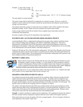 Example: 1st nine weeks average 91
         2nd nine weeks average 87
                                178        178 / 2 = 89

                                  89         356
                                 x 4        + 77 (1st semester exam)      433 / 5 = 87 (1st semester average)
                                  356        433
The same applies to second semester.

The yearly average shall be obtained by averaging the two semester averages. However, in order for
students to receive credit, the first semester can pull up second semester, providing the second semester
average is no lower than 65.
The semester and yearly average, in courses that receive academic credit, will be rounded to the nearest
hundredth (example: 96.48). Grades will not be rounded to the nearest whole number.
Yearly averages which exceed 100 are limited to those weighted classes listed under criteria for
Valedictorian and Salutatorian.
No points or grades will be given for nonacademic class requirements.

ELEMENTARY ACCELERATED READER GRADING POLICY
Accelerated Reader (AR) is a supplemental reading practice program where students read library books
from a selected reading range according to each student’s independent reading level. This level is
determined by a combination of the STAR assessment, teacher professional judgment, and previous
performance in the program. Point goals, which measure the amount of reading practice, are set according
to the allotted practice time and the student’s individual reading level.

Grades for AR make up 10% of the total periodic reading grade. One half of the AR grade comes from the
comprehension grade or percent correct made on cumulative quizzes and the other half is derived from the
percent of goal a student obtains. The remaining portion of the periodic reading grade (90%) pertains to the
basic reading curriculum at the particular grade level.

REPORT CARDS (IHA)
          Report cards are issued on the Thursday after the nine-week grading period. Numerals are used
          to designate a student’s progress in grades 1-12. Letter grades are used to designate a student’s
           progress in Kindergarten. Absences will be recorded on report cards. Parents are encouraged to
           set up a conference with the teacher if they would like to discuss their child’s grades. Parents of
       elementary students must sign the report card and return it to the school the next day.

Students who make all A’s in every subject taken will be on the Superintendent’s list. Students who make
all A’s and B’s in every subject taken will be on the Principal’s list.

GRADING FOR SPED STUDENTS (IHAA)
Any students resourced into the regular classroom for any academic subject will receive grades from the
regular classroom teacher and from the special resource teacher. The grades will be averaged for each
nine-week grading period. The student’s regular classroom performance will reflect three-fourths (3/4) of
the grade, and the student’s resource classroom performance will reflect one-fourth (1/4) of the grade. The
specific criteria set forth for the averaging of the two (2) grades is as follows:
The student’s individual education plan (IEP) must correlate directly with the goals and objectives of the
regular classroom subject areas as determined by the district’s curricular frameworks. In grades 6-12, nine-
weeks exams will be given at the end of the first and third nine-weeks grading periods. Semester exams
will be given at the end of the second and fourth nine-weeks grading periods.
Example: A student is enrolled in a regular class for mathematics. The competencies listed on the student’s
IEP must correlate with the competencies required within the course outline of the regular classroom.
If the stated criteria are not met, the grades will not be averaged together. The two (2) grades will then be
noted separately on the student’s report card.

                                                      10
 
