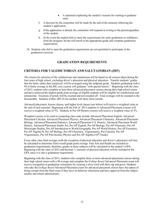    A statement explaining the student’s reasons for wanting to graduate
                                    early.
             f.   A decision by the committee will be made by the end of the semester following the
                  student’s application.
             g.   If the application is denied, the committee will respond in writing to the parents/guardian
                  of the student.
             h.   In the event the student fails to meet the requirements for early graduation or withdraws
                  from the program, he/she will enroll in the appropriate grade and complete graduation
                  requirements.

  10. Students who fail to meet the graduation requirements are not permitted to participate in the
      graduation exercises.


                               GRADUATION REQUIREMENTS

CRITERIA FOR VALEDICTORIAN AND SALUTATORIAN (IHF)
The criteria for selection of the valedictorian and salutatorian will be based on all courses taken during the
four years of high school, excluding driver’s education and physical education. Transfer students’ grades
that are letter, rather than numerical, will be averaged using the midpoint grade. Students graduating with a
94 or better average in the IHL core courses will graduate “with special honors.” Beginning with the class
of 2012, students who complete at least three advanced placement courses during their high school career
and have achieved the highest grade point average of eligible students will be eligible for valedictorian and
salutatorian. Fractions of points will be counted and not rounded off. Final averages will be rounded to the
thousandths. Students within .005 of one another will share these awards.

Advanced placement, honors classes, and higher level classes (see below) will receive a weighted value at
the end of each semester. Beginning with the Fall of 2012 students in Advanced Placement courses will
receive a weighted value of 5%. Students in Pre-AP/Honors courses will receive a weighted value of 3%.

Weighted courses to be used in computing class rank include Advanced Placement English, Advanced
Placement Calculus, Advanced Placement Physics, Advanced Placement Chemistry, Advanced Placement
Biology, Advanced Placement Statistics, Advanced Placement U.S. History, Advanced Placement World
History, Advanced Placement Studio Art, Pre-AP English, Pre-AP Biology, Pre-AP Chemistry, Pre-AP
Mississippi Studies, Pre-AP Introduction to World Geography, Pre-AP World History, Pre-AP Geometry,
Pre-AP Algebra II, Pre-AP Biology, Pre-AP Chemistry, Trigonometry, Pre-Calculus, Pre-AP
Trigonometry, Pre-AP PreCalculus, Physics and Pre-AP Algebra I (8th Grade).

Every other class final average (with the exception of physical education and driver’s education) will also
be calculated to determine final overall grade point average. Fine Arts and Health are included as
graduation requirements; therefore, grades in these subjects will be calculated in the student’s GPA.
Beginning with the class of 2012 and beyond, ½ semester of physical education will be included in the
GPA since it is also a graduation requirement.

Beginning with the class of 2011, students who complete three or more advanced placement courses during
their high school career with a 90 average and complete the College Board Advanced Placement exam will
receive recognition at graduation ceremonies by wearing a silver cord with their cap and gown. Students
who take the College Board Advanced Placement exam for advanced placement classes have the option of
being exempt from the final exam if they have no behavior infractions and have approval from the subject
teacher and school administrator.




                                                     15
 