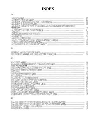 INDEX
A

ABSENCES (JBD)………………………………………………………………………………………………….                                    23
ACCIDENTS/FIRST AID (JGFG)……………….…………..………………………………..................................   24
ADMISSION OF ENGLISH LANGUAGE LEARNERS (IKA)……..……………………………………………..                     20
ADMISSION REQUIREMENTS (JBC)…………………………………………………………….........................            22
ADMISSION TO INSTITUTIONS OF HIGHER LEARNING (IHL) PUBLIC UNIVERSITIES IN
MISSISSIPPI…………………………………………………………………………………………………………                                     17
ALTERNATIVE SCHOOL PROGRAM (IDDG)…………………………………………………………………                              6
APPEALS……………………………………………………………………………………....................................             43
APPEALS: PROCEDURE FOR WAIVING……………………………………………………………………….                              43
ARSON (JCBE)………..………………………………………………………………………………………........                              34
ASBESTOS NOTIFICATION ………………………………………………………………………………………                                  3
ASSAULT AND/OR BATTERY OF A SCHOOL EMPLOYEE (JCBE)………………………………………......                 33
ASTHMA MEDICATION POLICY (JGCDA)……………………………………………………….......................            26
AUTOMOBILE USE ON CLOSED CAMPUS (JGFF)…………………………………………………………….                          44

B

BUILDING AND PLAYGROUND RULES……………………………………………………………...................                 39
BUS CONDUCT (JCDAD) AND FIELD/ACTIVITY TRIPS (IFCB)……………………………………………                    36

C

CAFETERIA (JGHR)…….………………………………………………………………………………………….                                  44
CARNEGIE UNIT REQUIREMENTS FOR GRADUATION(IHF)……………………………………………….                       17
CELL PHONES (IFBB)……….…………………………………………………………………………………….                                  8
CEREMONIES, DIPLOMAS, AND CERTIFICATES (IHF)…….………………………………………………...                    16
CHANGE OF ADDRESS/PHONE NUMBERS …………………………………………………………………….                             3
CHEATING………………………………………………………………………………………..............................                 36
CHECK-OUT PROCEDURES (JGE)……...………………………………………………………………………..                            26
CLASSROOMS……...………………………….…………………………………………………………………...                                   4
CLASSROOM TEACHER DISCIPLINE …………………………………………………………………………...                            32
COLUMBUS AIRFORCE BASE SCHOOL LIAISON……………………………………………………………..                          46
COMMUNICABLE DISEASES (JGCC) …………………………………………………………………………..                             25
COMPULSORY SCHOOL ATTENDANCE (JBA) ………………………………………………………………..                           21
CONDUCT REGULATIONS (JC)…………………………………………………………………………..............                      24
CORPORAL PUNISHMENT (JDB)…….…………………………………………………………………..............                     39
CRIMINAL LAW VIOLATIONS (JCBE)…………………………………………………………………………..                            34
CRISIS MANAGEMENT: DISASTER PLANS/DRILLS (EBBC)……………..………………………………….                     2
CRITERIA FOR VALEDICTORIAN AND SALUTATORIAN (IHF) ……………………………………………                     15

D

DAMAGE OR DESTRUCTION OF SCHOOL BOOKS OR EQUIPMENT (JCBD)……………………………...                 33
DAMAGE OR DESTRUCTION OF SCHOOL OR PRIVATE PROPERTY (JCBD)……………………………...                33
DISCIPLINARY HEARING REGULATIONS…………………………………………………………………......                         43
DISCIPLINE PLAN (JDA)…….…………………………………………………………………...........................            32
 