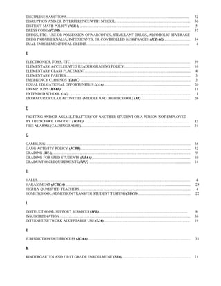 DISCIPLINE SANCTIONS…………………………………………………………………………........................                      32
DISRUPTION AND/OR INTERFERENCE WITH SCHOOL……………………………………………………...                             36
DISTRICT MATH POLICY (ICBA) ……………………………………………………………………………….                                   5
DRESS CODE (JCDB)………………………………………………………………………………………………                                         37
DRUGS, ETC.: USE OR POSSESSION OF NARCOTICS, STIMULANT DRUGS, ALCOHOLIC BEVERAGE
DRUG PARAPHERNALIA, INTOXICANTS, OR CONTROLLED SUBSTANCES (JCDAC)………………….                     34
DUAL ENROLLMENT/DUAL CREDIT…………………………………………………………………………..                                      4

E

ELECTRONICS, TOYS, ETC. …………………………………...…………………………………………………                                   39
ELEMENTARY ACCELERATED READER GRADING POLICY……………………………………………….                               10
ELEMENTARY CLASS PLACEMENT…………………………………………………………….........................                     4
ELEMENTARY PARITES…………………………………………………………………………………………..                                         3
EMERGENCY CLOSINGS (EBBC) …..……………………………………………………………………………                                     3
EQUAL EDUCATIONAL OPPORTUNITIES (JAA)……………………………………........................................   20
EXEMPTIONS (IDAF) ………………………………………………………………………..................................               11
EXTENDED SCHOOL (AE)………………………………………………………………………………………...                                       1
EXTRACURRICULAR ACTIVITIES (MIDDLE AND HIGH SCHOOL) (JT)………………………...................          26

F

FIGHTING AND/OR ASSAULT/BATTERY OF ANOTHER STUDENT OR A PERSON NOT EMPLOYED
BY THE SCHOOL DISTRICT (JCBE)…………………………… ………………………………………............                          33
FIRE ALARMS (CAUSING FALSE)……………………………………………………………………………….                                    34

G

GAMBLING………………………………………………………………………………………………………….                                             36
GANG ACTIVITY POLICY (JCBB)………………………………………………………………………………..                                   32
GRADING (IHA)…………………………………………………………………………………………………….                                          9
GRADING FOR SPED STUDENTS (IHAA)…………………………………………….…………………............                         10
GRADUATION REQUIREMENTS (IHF) ………………………………………………………………................                        14

H

HALLS……………………………………………………………………………………………………………….                                              4
HARASSMENT (JCBCA)…………………………………………………………………………...........................                     29
HIGHLY QUALIFIED TEACHERS………………………………………………………………………………...                                    4
HOME SCHOOL ADMISSION/TRANSFER STUDENT TESTING (JBCD)……………………………………..                         22

I

INSTRUCTIONAL SUPPORT SERVICES (IFB)………………………………………………………………..                                8
INSUBORDINATION…………………………………………………………..…………………………………...                                       36
INTERNET/NETWORK ACCEPTABLE USE (IJA)………………………………………………………………                                 19

J

JURISDICTION/DUE PROCESS (JCAA)………………………………………………………..…………………                                 31

K

KINDERGARTEN AND FIRST GRADE ENROLLMENT (JBA)…………………………………………………                              21
 
