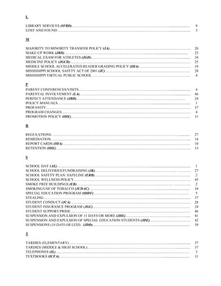 L

LIBRARY SERVICES (IFBD)……………………………………………………………………….......................                   9
LOST AND FOUND…………………………………………………………….…………………….......................                       3

M

MAJORITY TO MINORITY TRANSFER POLICY (JA)...………………………………………………………...                        20
MAKE-UP WORK (JBD)…………………………………………………………….……....................................            23
MEDICAL EXAM FOR ATHLETES (JGD)……………………………………………………………..................                    24
MEDICINE POLICY (JGCD)……………………………………………………………………………………….                                    25
MIDDLE SCHOOL ACCELERATED READER GRADING POLICY (IHA) ……………………………………                        10
MISSISSIPPI SCHOOL SAFETY ACT OF 2001 (JC) …………………………………………………………….                         28
MISSISSIPPI VIRTUAL PUBLIC SCHOOL ………………………………………………………………………                               4

P
PARENT CONFERENCES/VISITS…………………………………………………………………........................                  4
PARENTAL INVOLVEMENT (LA)……………………………………………………………………...................                      46
PERFECT ATTENDANCE (JBD) ………………………………………………………………………………                                     24
POLICY MANUALS……………………………………………………………………...........................................         1
PROFANITY…………………………………………………………………………………………………………                                           37
PROGRAM CHANGES ..……………………………………………………………………………………………                                       4
PROMOTION POLICY (IHE)………………………………………………………………………………………                                     11

R

REGULATIONS………………………………………………………………………………………………..........                                   27
REMEDIATION……………………………………………………………………………………………………...                                        14
REPORT CARDS (IHA)…………………………………………………………………………………………….                                      10
RETENTION (IHE)………………………………………………………………………………………………….                                       13

S

SCHOOL DAY (AE)……………………………………………………………………............................................       1
SCHOOL DELIVERIES/FUNDRAISING (JK)………………………………………………………….. ………...                           27
SCHOOL SAFETY PLAN: SAFELINE (EBB)………………………………………………………….. ………...                            2
SCHOOL WELLNESS POLICY ……………………………………………………………………………………                                     45
SMOKE FREE BUILDINGS (EB)…………………………………………………………………….. …………...                                2
SMOKING/USE OF TOBACCO (JCDAC)……………………………………………….......................................     34
SPECIAL EDUCATION PROGRAM (IDDF)……………………………………………………………. ………                                 5
STEALING………………………………………………………………………………….......................................              37
STUDENT CONDUCT (JCA) ………………………………………………………………………………………                                     28
STUDENT INSURANCE PROGRAM (JGC)………………………………………………………………………                                  24
STUDENT SUPPORT/PRIDE……………………………………………………………………………………….                                     46
SUSPENSION AND EXPULSION OF 11 DAYS OR MORE (JDE)……………………………………………....                      41
SUSPENSION AND EXPULSION OF SPECIAL EDUCATION STUDENTS (JDE)…………………………….                    42
SUSPENSIONS (10 DAYS OR LESS) (JDD)…………………………………….…………...................................   39

T

TARDIES (ELEMENTARY)………………………………………………………………………….......................                     37
TARDIES (MIDDLE & HIGH SCHOOL)…………………………………………………………………..............                       37
TELEPHONES (IL)…………………………………………………………………………………………………                                        3
TEXTBOOKS (ICFA)…………………………………………………………………………….............................                  11
 