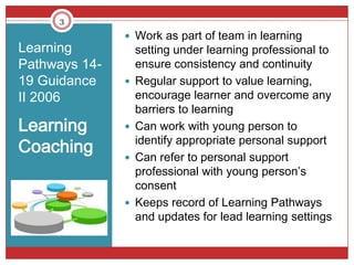 3

                Work as part of team in learning
Learning           setting under learning professional to
Pathways 14-       ensure consistency and continuity
19 Guidance       Regular support to value learning,
II 2006            encourage learner and overcome any
                   barriers to learning
Learning          Can work with young person to
                   identify appropriate personal support
Coaching          Can refer to personal support
                   professional with young person’s
                   consent
                  Keeps record of Learning Pathways
                   and updates for lead learning settings
 