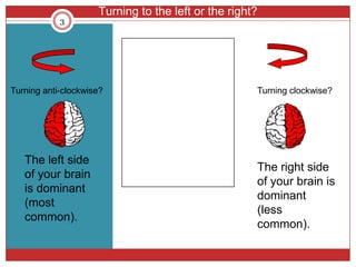 Turning to the left or the right?
            3




Turning anti-clockwise?                              Turning clockwise?




   The left side
                                                     The right side
   of your brain
                                                     of your brain is
   is dominant
                                                     dominant
   (most
                                                     (less
   common).
                                                     common).
 