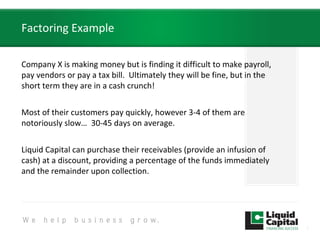 Factoring Example
Company X is making money but is finding it difficult to make payroll,
pay vendors or pay a tax bill. Ultimately they will be fine, but in the
short term they are in a cash crunch!
Most of their customers pay quickly, however 3-4 of them are
notoriously slow… 30-45 days on average.
Liquid Capital can purchase their receivables (provide an infusion of
cash) at a discount, providing a percentage of the funds immediately
and the remainder upon collection.
7
 