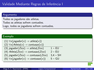 Validade Mediante Regras de Inferência I
Argumento
Todos os jogadores são atletas.
Todos os atletas sofrem contusões.
Logo, todos os jogadores sofrem contusões.
Exemplo
(1) ∀x(jogador(x) → atleta(x))
(2) ∀x(Atleta(x) → contusao(x))
(3) jogador(Zico) → atleta(Zico) 1 – EU
(4) Atleta(Zico) → contusao(Zico) 2 – EU
(5) jogador(Zico) → contusao(Zico) 3,4 – SH
(6) ∀x(jogador(x) → contusao(x)) 5 – GU
Diego S. C. Nascimento (IFRN) Lógica Computacional Apresentação 100 / 101
 