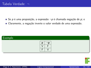 Tabela Verdade: ¬
Se p é uma proposição, a expressão ¬p é chamada negação de p; e
Claramente, a negação inverte o valor verdade de uma expressão.
Exemplo
p ¬p
V F
F V
Diego S. C. Nascimento (IFRN) Lógica Computacional Apresentação 16 / 101
 