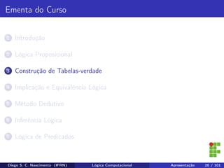 Ementa do Curso
1 Introdução
2 Lógica Proposicional
3 Construção de Tabelas-verdade
4 Implicação e Equivalência Lógica
5 Método Dedutivo
6 Inferência Lógica
7 Lógica de Predicados
Diego S. C. Nascimento (IFRN) Lógica Computacional Apresentação 26 / 101
 