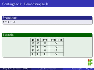 Contingência: Demonstração II
Proposição
p ∨ q → p
Exemplo
p q p∨q p∨q → p
V V V V
V F V V
F V V F
F F F V
Diego S. C. Nascimento (IFRN) Lógica Computacional Apresentação 41 / 101
 