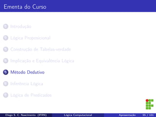 Ementa do Curso
1 Introdução
2 Lógica Proposicional
3 Construção de Tabelas-verdade
4 Implicação e Equivalência Lógica
5 Método Dedutivo
6 Inferência Lógica
7 Lógica de Predicados
Diego S. C. Nascimento (IFRN) Lógica Computacional Apresentação 55 / 101
 