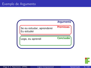Exemplo de Argumento
Diego S. C. Nascimento (IFRN) Lógica Computacional Apresentação 8 / 101
 