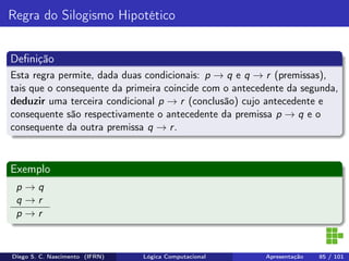 Regra do Silogismo Hipotético
Deﬁnição
Esta regra permite, dada duas condicionais: p → q e q → r (premissas),
tais que o consequente da primeira coincide com o antecedente da segunda,
deduzir uma terceira condicional p → r (conclusão) cujo antecedente e
consequente são respectivamente o antecedente da premissa p → q e o
consequente da outra premissa q → r.
Exemplo
p → q
q → r
p → r
Diego S. C. Nascimento (IFRN) Lógica Computacional Apresentação 85 / 101
 