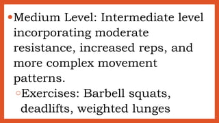 ●Medium Level: Intermediate level
incorporating moderate
resistance, increased reps, and
more complex movement
patterns.
○Exercises: Barbell squats,
deadlifts, weighted lunges
 
