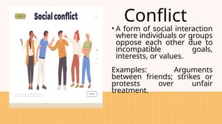 Conflict
• A form of social interaction
where individuals or groups
oppose each other due to
incompatible goals,
interests, or values.
Examples: Arguments
between friends; strikes or
protests over unfair
treatment.
 
