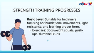Basic Level: Suitable for beginners
focusing on foundational movements, light
resistance, and learning proper form.
• Exercises: Bodyweight squats, push-
ups, dumbbell curls
STRENGTH TRAINING PROGRESSES
 