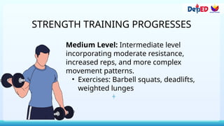 Medium Level: Intermediate level
incorporating moderate resistance,
increased reps, and more complex
movement patterns.
• Exercises: Barbell squats, deadlifts,
weighted lunges
STRENGTH TRAINING PROGRESSES
 