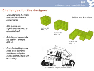 gcp 
architecture : energy : sustainable design 
• 
Understanding the main factors that influence performance 
• 
Site factors are significant and need to be considered 
• 
Building form can make life easier – or more difficult 
• 
Complex buildings may need more complex solutions – adaptive buildings that adjust with occupancy 
Challenges for the designer  