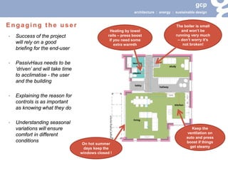 gcp 
architecture : energy : sustainable design 
• 
Success of the project will rely on a good briefing for the end-user 
• 
PassivHaus needs to be ‘driven’ and will take time to acclimatise - the user and the building 
• 
Explaining the reason for controls is as important as knowing what they do 
• 
Understanding seasonal variations will ensure comfort in different conditions 
Engaging the user 
On hot summer days keep the windows closed ! 
Heating by towel rails – press boost if you need some extra warmth 
Keep the ventilation on auto and press boost if things get steamy 
The boiler is small and won’t be running very much – don’t worry it’s not broken!  