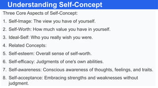 Understanding Self-Concept
Three Core Aspects of Self-Concept:
1. Self-Image: The view you have of yourself.
2. Self-Worth: How much value you have in yourself.
3. Ideal-Self: Who you really wish you were.
4. Related Concepts:
5. Self-esteem: Overall sense of self-worth.
6. Self-efficacy: Judgments of one's own abilities.
7. Self-awareness: Conscious awareness of thoughts, feelings, and traits.
8. Self-acceptance: Embracing strengths and weaknesses without
judgment.
 