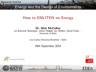 Research Unit for 
Energy and the Design of Environments 
EDEn Energy and the Design of Environments 
How to ENLITEN on Energy 
Dr. Nick McCullen 
via Sukumar Natarajan, Julian Padget, Ian Walker, David Coley. . . 
University of Bath 
Low Carbon Business Breakfast { Bath 
29th September 2014 
Department of Architecture and Civil Engineering 
 