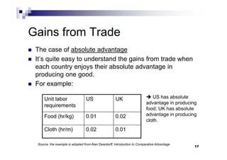 17
Gains from Trade
 The case of absolute advantage
 It’s quite easy to understand the gains from trade when
each country enjoys their absolute advantage in
producing one good.
 For example:
Unit labor
requirements
US UK
Food (hr/kg) 0.01 0.02
Cloth (hr/m) 0.02 0.01
 US has absolute
advantage in producing
food; UK has absolute
advantage in producing
cloth.
Source: the example is adopted from Alan Deardorff, Introduction to Comparative Advantage
 