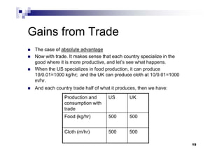 19
Gains from Trade
 The case of absolute advantage
 Now with trade. It makes sense that each country specialize in the
good where it is more productive, and let’s see what happens.
 When the US specializes in food production, it can produce
10/0.01=1000 kg/hr; and the UK can produce cloth at 10/0.01=1000
m/hr.
 And each country trade half of what it produces, then we have:
Production and
consumption with
trade
US UK
Food (kg/hr) 500 500
Cloth (m/hr) 500 500
 