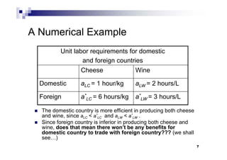 7
A Numerical Example
 The domestic country is more efficient in producing both cheese
and wine, since aLC < a*
LC and aLW < a*
LW .
 Since foreign country is inferior in producing both cheese and
wine, does that mean there won’t be any benefits for
domestic country to trade with foreign country??? (we shall
see…)
Unit labor requirements for domestic
and foreign countries
Cheese Wine
Domestic aLC = 1 hour/kg aLW = 2 hours/L
Foreign a*
LC = 6 hours/kg a*
LW = 3 hours/L
7
 