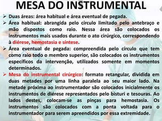 MESA DO INSTRUMENTAL
 Duas áreas: área habitual e área eventual de pegada.
 Área habitual: abrangida pelo círculo limitado pelo antebraço e
mão dispostos como raio. Nessa área são colocados os
instrumentos mais usados durante o ato cirúrgico, correspondendo
à diérese, hemostasia e síntese.
 Área eventual de pegada: compreendida pelo círculo que tem
como raio todo o membro superior, são colocados os instrumentos
específicos da intervenção, utilizados somente em momentos
determinados.
 Mesa do instrumental cirúrgico: formato retangular, dividida em
duas metades por uma linha paralela ao seu maior lado. Na
metade próxima ao instrumentador são colocados inicialmente os
instrumentos de diérese representados pelo bisturi e tesouras. Ao
lados destes, colocam-se as pinças para hemostasia. Os
instrumentos são colocados com a ponta voltada para o
instrumentador para serem apreendidos por essa extremidade.
 