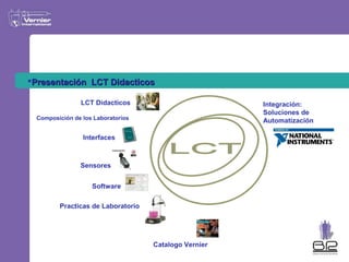 Presentación LCT Didacticos

               LCT Didacticos                         Integración:
                                                      Soluciones de
 Composición de los Laboratorios                      Automatización

                Interfaces



               Sensores


                   Software

        Practicas de Laboratorio




                                   Catalogo Vernier
 