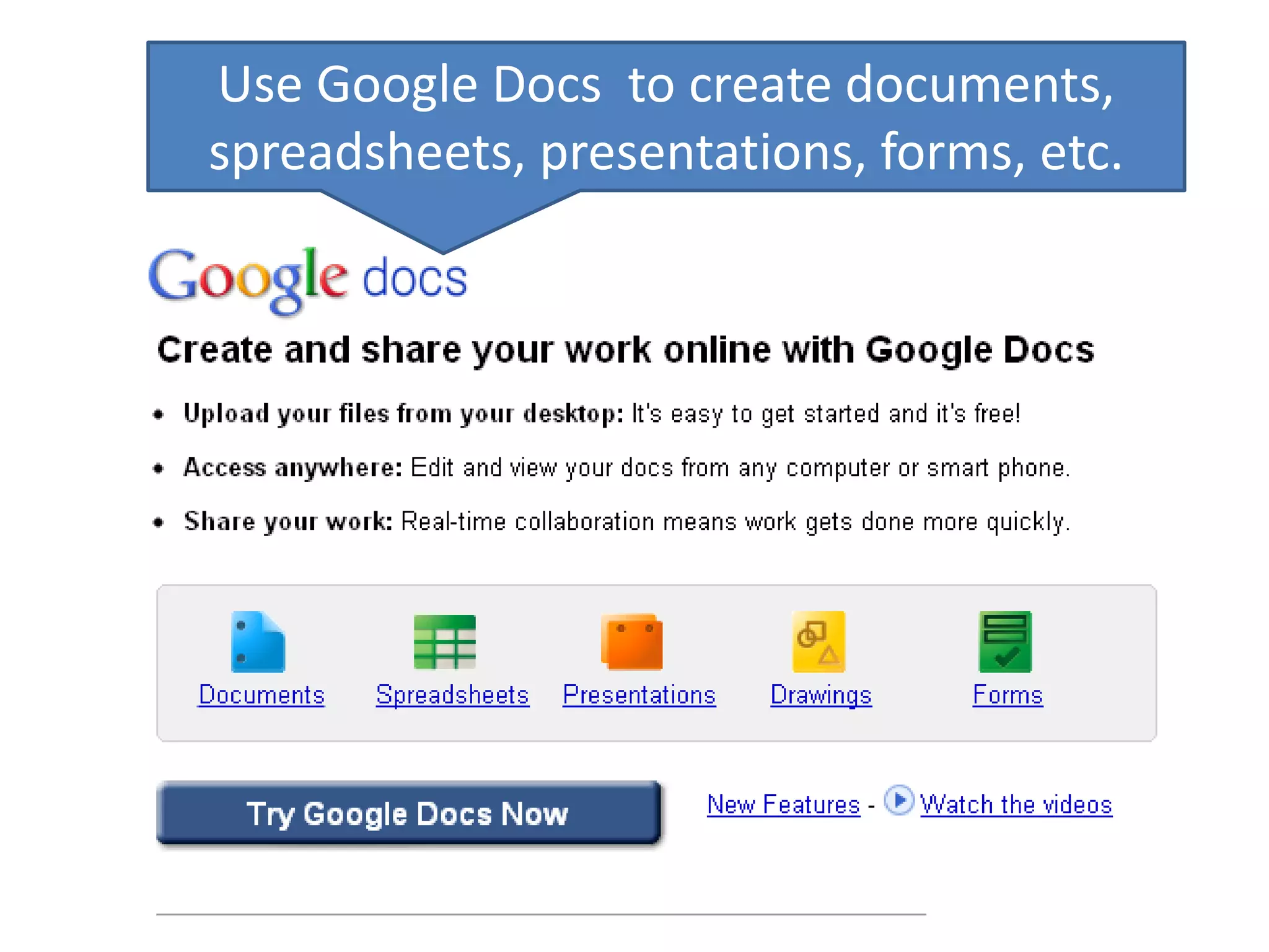 Use Google Docs to create documents, 
spreadsheets, presentations, forms, etc. 
 
