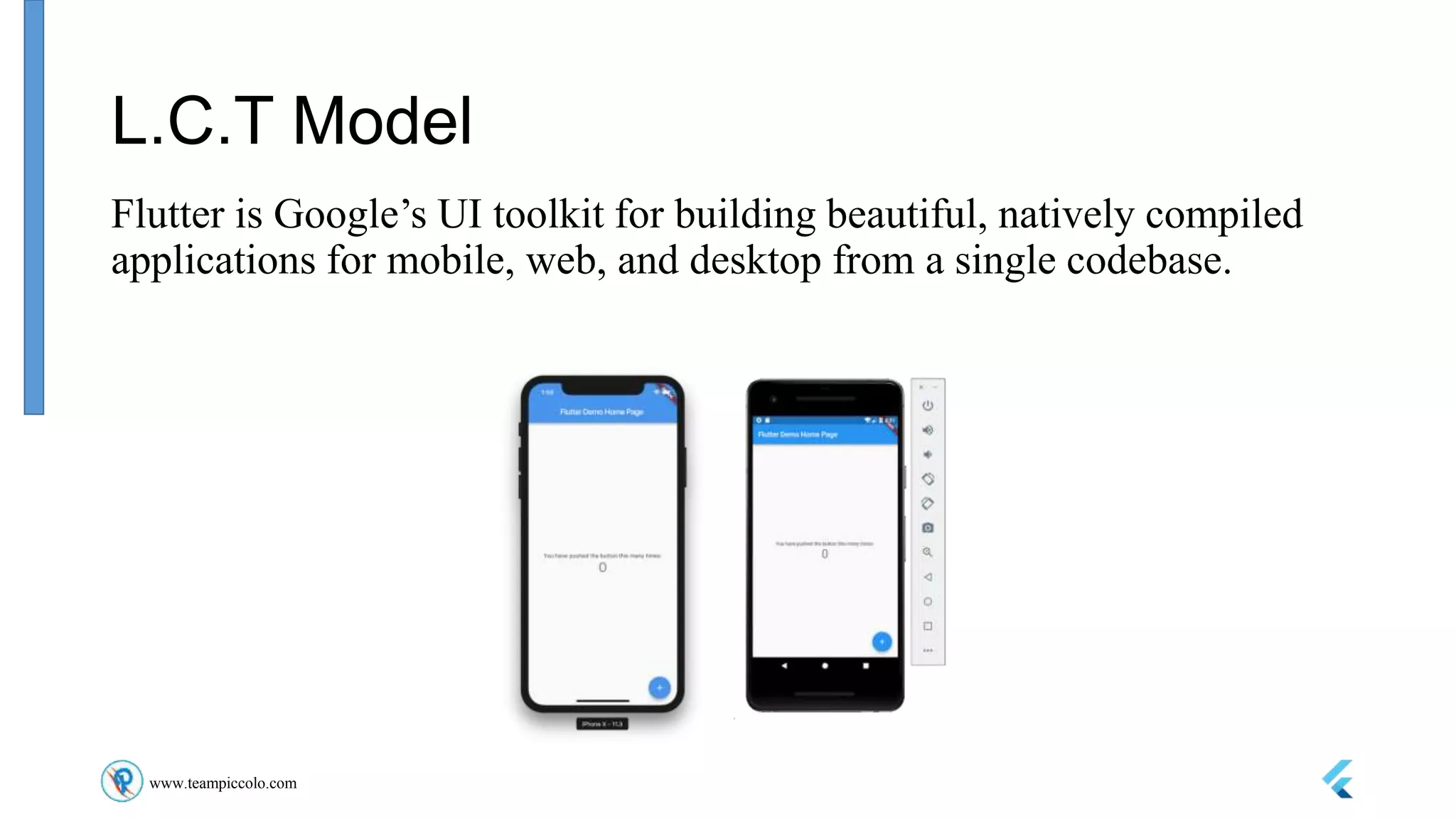 www.teampiccolo.com
L.C.T Model
Flutter is Google’s UI toolkit for building beautiful, natively compiled
applications for mobile, web, and desktop from a single codebase.