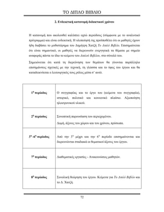 ΤΟ ΔΙΠΛΟ ΒΙΒΛΙΟ

                  2. Ενδεικτική κατανομή διδακτικού χρόνου



Η κατανομή που ακολουθεί καλύπτει οχτώ περιόδους (σύμφωνα με το αναλυτικό
πρόγραμμα) και είναι ενδεικτική. Η υλοποίησή της προϋποθέτει ότι οι μαθητές έχουν
ήδη διαβάσει το μυθιστόρημα του Δημήτρη Χατζή Το Διπλό Βιβλίο. Επισημαίνεται
ότι είναι σημαντικό, οι μαθητές να διερευνούν ενεργητικά τα θέματα με σημείο
αναφοράς πάντα το ίδιο το κείμενο του Διπλού Βιβλίου, στο σύνολό του.

Σημειώνεται ότι κατά τη διερεύνηση των θεμάτων θα γίνονται παράλληλα
επισημάνσεις σχετικές με την τεχνική, τη γλώσσα και το ύφος του έργου και θα
καταδεικνύεται ο λειτουργικός τους ρόλος μέσα σ’ αυτό.




 1η περίοδος        Ο συγγραφέας και το έργο του (κείμενα του συγγραφέα),
                    ιστορικό,   πολιτικό   και   κοινωνικό   πλαίσιο.   Αξιοποίηση
                    ηλεκτρονικού υλικού.



 2η περίοδος        Συνοπτική παρουσίαση του περιεχομένου.

                    Δομή, άξονες του χώρου και του χρόνου, πρόσωπα.



3η -6η περίοδος     Από την 3η μέχρι και την 6η περίοδο επισημαίνονται και
                    διερευνώνται σταδιακά οι θεματικοί άξονες του έργου.



 7η περίοδος        Διαθεματικές εργασίες - Ανακοινώσεις μαθητών.




 8η περίοδος        Συνολική θεώρηση του έργου. Κείμενα για Το Διπλό Βιβλίο και
                    το Δ. Χατζή.



                                     72
 