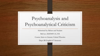 Psychoanalysis and
Psychoanalytical Criticism
Submitted by: Rehan and Neelam
Roll no: 20203009-14, 018
Course: Intro to Literary Critical Theories
Dept: BS English 6th Semester
 