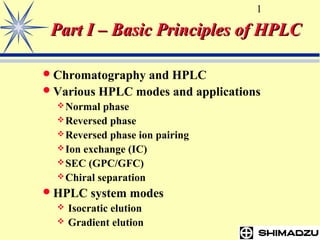 1
Part I – Basic Principles of HPLCPart I – Basic Principles of HPLC
Chromatography and HPLC
Various HPLC modes and applications
Normal phase
Reversed phase
Reversed phase ion pairing
Ion exchange (IC)
SEC (GPC/GFC)
Chiral separation
HPLC system modes
 Isocratic elution
 Gradient elution
 