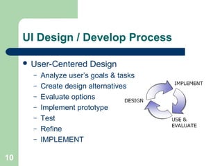 UI Design / Develop Process
 User-Centered Design
– Analyze user’s goals & tasks
– Create design alternatives
– Evaluate options
– Implement prototype
– Test
– Refine
– IMPLEMENT
10
 