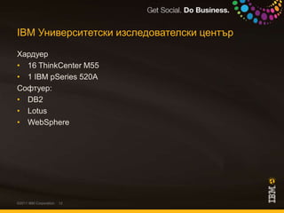 IBM Университетски изследователски центърХардуер16 ThinkCenter M551 IBM pSeries 520AСофтуер:DB2LotusWebSphere©2011 IBM Corporation