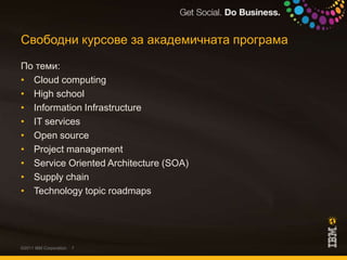 Свободни курсове за академичната програмаПо теми:Cloud computingHigh schoolInformation InfrastructureIT servicesOpen sourceProject managementService Oriented Architecture (SOA)Supply chainTechnology topic roadmaps©2011 IBM Corporation