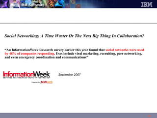 Social Networking: A Time Waster Or The Next Big Thing In Collaboration? “ An InformationWeek Research survey earlier this year found that  social networks were used by 48% of companies responding . Uses include viral marketing, recruiting, peer networking, and even emergency coordination and communications”  September 2007 