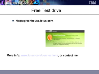 Free Test drive Https:greenhouse.lotus.com More info:  www.lotus.com/connections , or contact me 