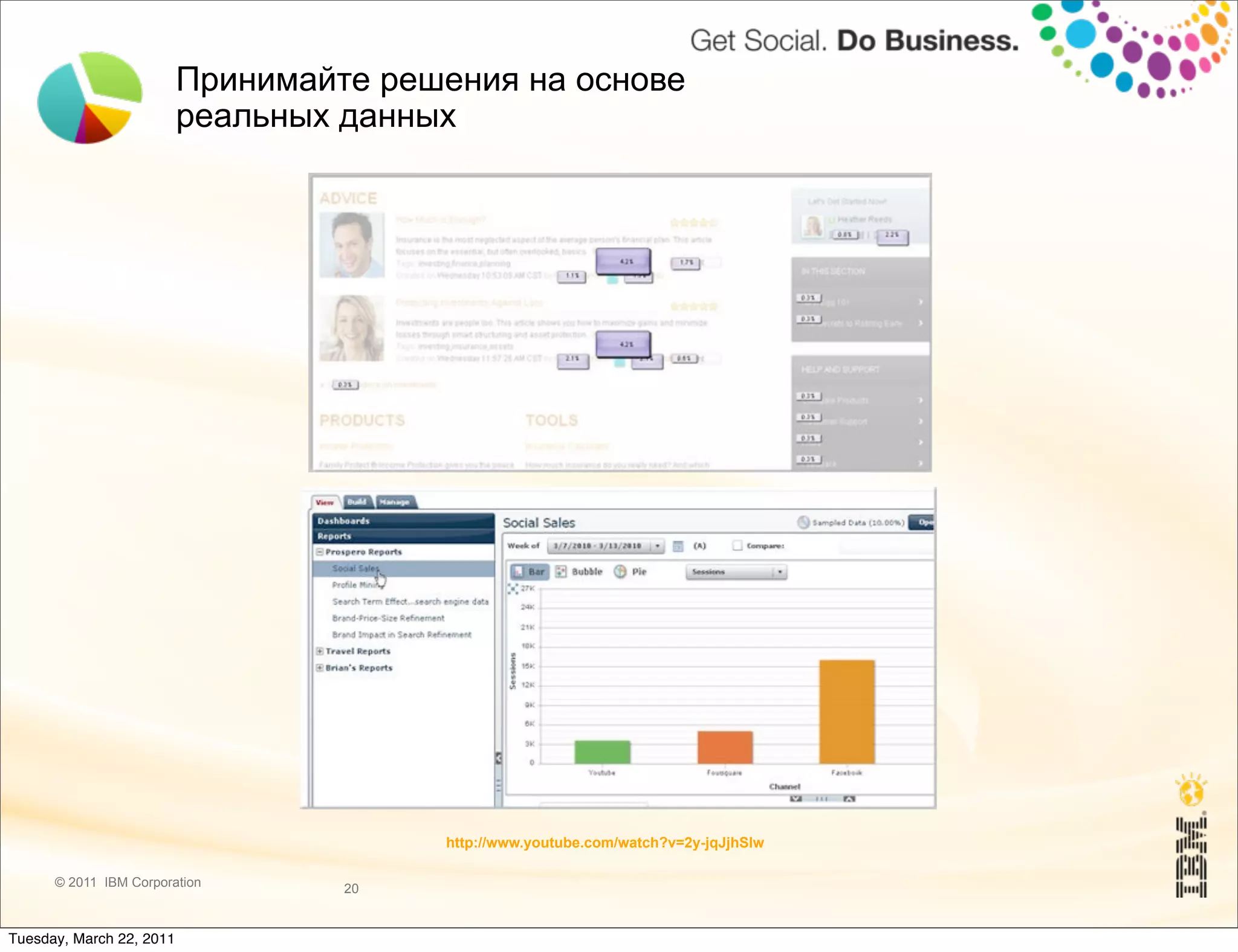 Принимайте решения на основе
                          реальных данных




                                        http://www.youtube.com/watch?v=2y-jqJjhSIw

      © 2011 IBM Corporation       20


Tuesday, March 22, 2011
 