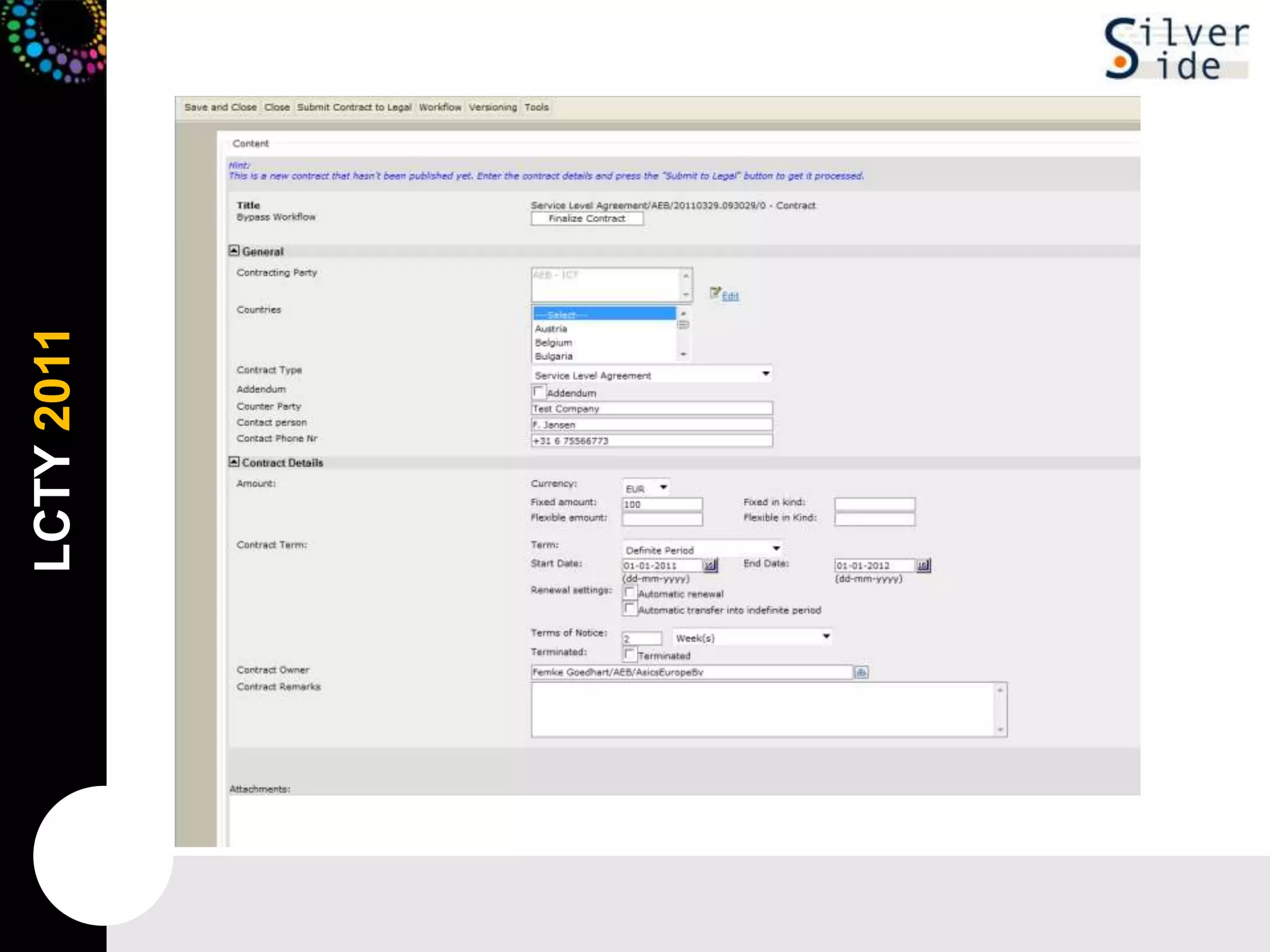 VereistenVastleggen& doorzoekbaarmaken van alleafgeslotencontractenInitieleworkflow om de vastlegging van het contract tebewakenContract Review naverloop van ingesteldetermijnRechten op basis van Business Unit en afdelingMogelijkheidvoorgebruikersomzelfnieuwecontractentergoedkeuring in tedienenMogelijkheidomsysteemuittebreiden met anderesoorten van Legal documentatieKoppelingenmogelijktussen diverse documenten