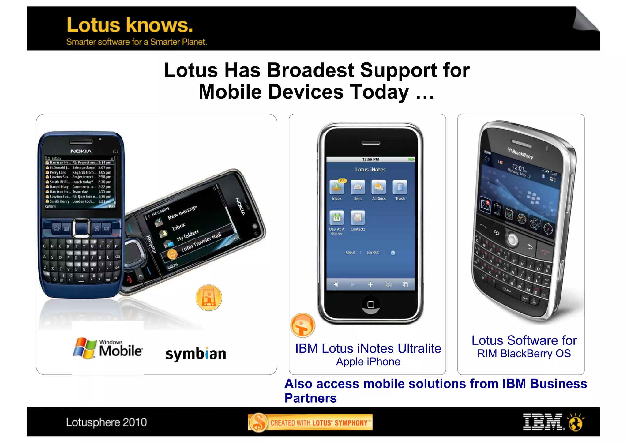 Lotus Has Broadest Support for
   Mobile Devices Today …




                                         Lotus Software for
            IBM Lotus iNotes Ultralite   RIM BlackBerry OS
                   Apple iPhone

           Also access mobile solutions from IBM Business
           Partners
 