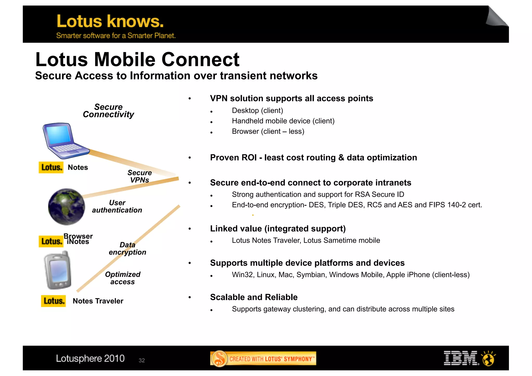 Lotus Mobile Connect
Secure Access to Information over transient networks
                                 •    VPN solution supports all access points
           Secure                          Desktop (client)
         Connectivity                  


                                          Handheld mobile device (client)
                                          Browser (client – less)


                                 •    Proven ROI - least cost routing & data optimization
      Notes
                        Secure
                         VPNs    •    Secure end-to-end connect to corporate intranets
                                          Strong authentication and support for RSA Secure ID
                  User                    End-to-end encryption- DES, Triple DES, RC5 and AES and FIPS 140-2 cert.
              authentication

                                 •    Linked value (integrated support)
     Browser
      iNotes                              Lotus Notes Traveler, Lotus Sametime mobile
                     Data
                  encryption
                                 •    Supports multiple device platforms and devices
                 Optimized                Win32, Linux, Mac, Symbian, Windows Mobile, Apple iPhone (client-less)
                  access

       Notes Traveler            •    Scalable and Reliable
                                          Supports gateway clustering, and can distribute across multiple sites




                           32
 