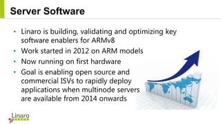 Server Software
• Linaro is building, validating and optimizing key
software enablers for ARMv8
• Work started in 2012 on ...