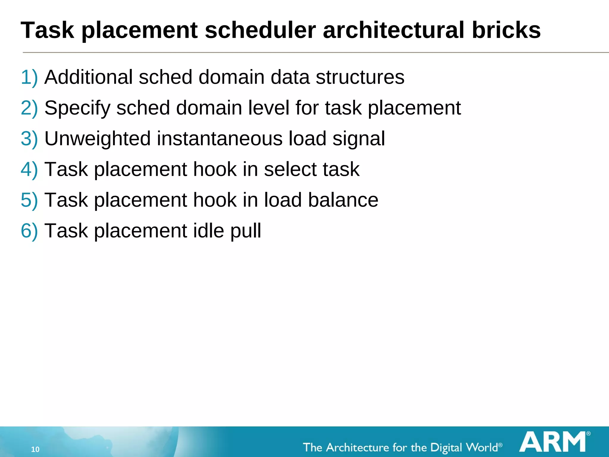 10
Task placement scheduler architectural bricks
1) Additional sched domain data structures
2) Specify sched domain level for task placement
3) Unweighted instantaneous load signal
4) Task placement hook in select task
5) Task placement hook in load balance
6) Task placement idle pull
 