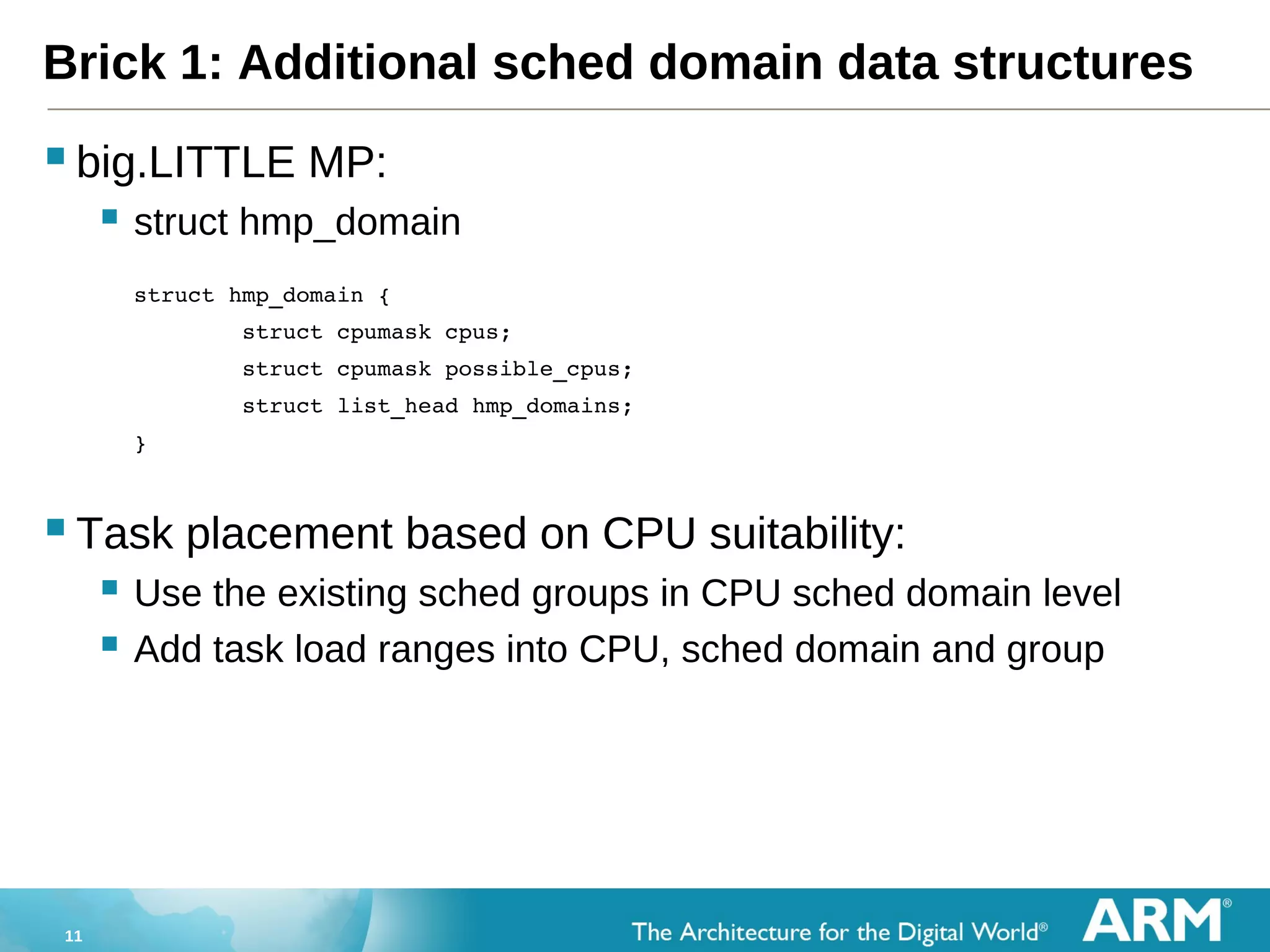 11
Brick 1: Additional sched domain data structures
big.LITTLE MP:
 struct hmp_domain
                                                                            
struct hmp_domain {
        struct cpumask cpus;
        struct cpumask possible_cpus;
        struct list_head hmp_domains;
}
Task placement based on CPU suitability:
 Use the existing sched groups in CPU sched domain level
 Add task load ranges into CPU, sched domain and group
 