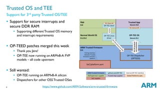 Trusted OS and TEE 
Support for 3rd party Trusted OS/TEE 
 Support for secure interrupts and 
secure DDR RAM 
 OP-TEED patches merged this week 
6 
 Supporting different Trusted OS memory 
and interrupt requirements 
 Thank you Jens! 
 OP-TEE now running on ARMv8-A FVP 
models – all code upstream 
Normal World OS 
EL1/EL2 
Trusted App 
Secure-EL0 
OP-TEE protocol 
and mechanism 
TEE Client API 
OP-TEE client 
OS/hypervisor supplier Trusted App supplier Global Platforms spec. 
https://www.github.com/ARM-Software/arm-trusted-firmware 
 Still wanted: 
 OP-TEE running on ARMv8-A silicon 
 Dispatchers for other OSS Trusted OSes 
ARM Trusted Firmware github.com/OP-TEE 
SoC supplier 
Internal OP-TEE interface 
ARM Trusted Firmware 
EL3 
SoC/platform port 
OP-TEE OS 
Secure-EL1 
OP-TEE Dispatcher 
(OPTEED) 
App 
EL0 
OP-TEE Linux 
driver 
OP-TEE protocol via SMC 
via ioctl 
TEE Internal API 
Porting interface 
between Trusted 
Firmware and SoC/ 
platform 
 