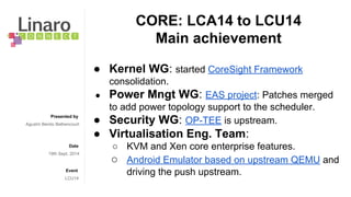 Presented by 
Date 
Event 
● Kernel WG: started CoreSight Framework 
consolidation. 
● Power Mngt WG: EAS project: Patches merged 
to add power topology support to the scheduler. 
● Security WG: OP-TEE is upstream. 
● Virtualisation Eng. Team: 
○ KVM and Xen core enterprise features. 
○ Android Emulator based on upstream QEMU and 
driving the push upstream. 
Agustín Benito Bethencourt 
19th Sept. 2014 
LCU14 
CORE: LCA14 to LCU14 
Main achievement 
 