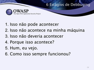 6 Estágios de Debbuging 
1. Isso não pode acontecer 
2. Isso não acontece na minha máquina 
3. Isso não deveria acontecer 
4. Porque isso acontece? 
5. Hum, eu vejo. 
6. Como isso sempre funcionou? 
24 
 