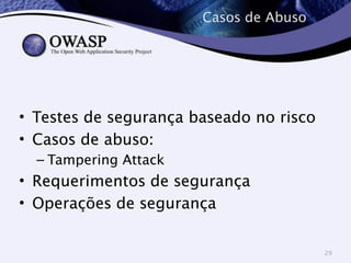 Casos de Abuso 
! 
• Testes de segurança baseado no risco 
• Casos de abuso: 
– Tampering Attack 
• Requerimentos de segurança 
• Operações de segurança 
29 
 
